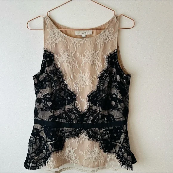 Ann Taylor LOFT Blouse Nude Eyelash Lace Ribbon Tie Peplum Tank Top - Picture 5 of 9